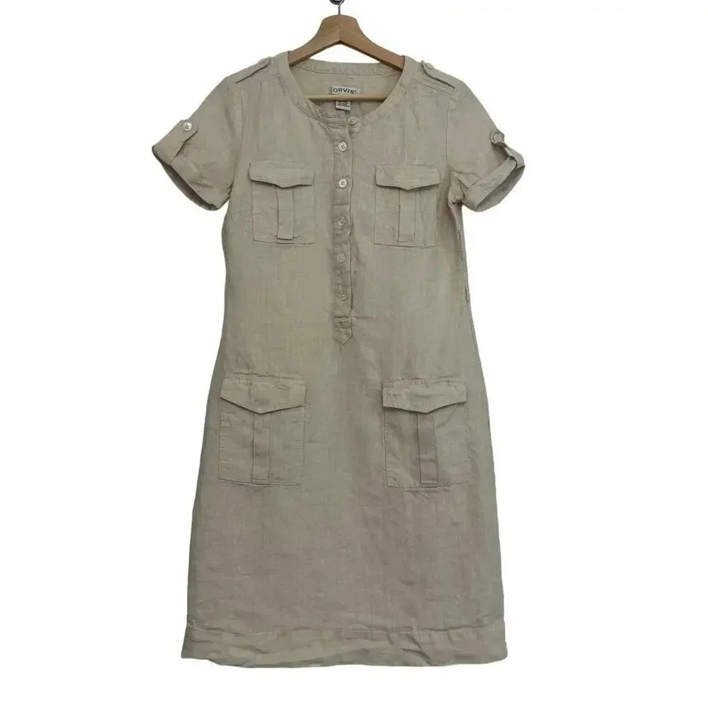 ORVIS 100% Linen Short Dress Cream with Cargo Pockets Button Front Collar Size 6